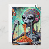 Carte Postale Funny Funky Alien Manger Spaghetti Collage (Devant / Derrière)