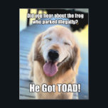Carte Postale Funny Golden Retriever Frog Joke Mème<br><div class="desc">Tout le monde aime une bonne blague, surtout les doggies ! Cette carte postale présente la photo d'un récupérateur d'or qui rit et dit : "Avez-vous entendu parler de la grenouille qui s'est garée illégalement ? Il est devenu crapaud !" Le texte personnalisable sur le dos dit, "Hardy ha !"...</div>