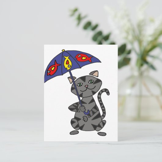 Carte Postale Funny Grey Tabby Chat tenant un parapluie (Debout devant)