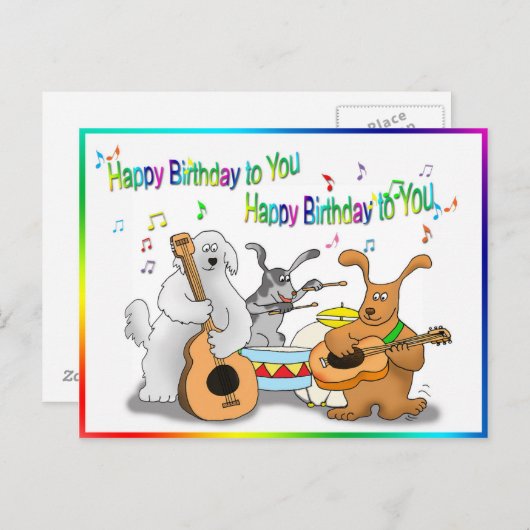 Carte Postale Funny Happy Birthday card avec des chiens jouant (Devant / Derrière)
