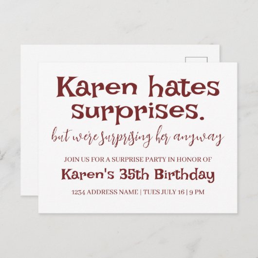 Carte Postale Funny Hates Surprises Party Modern Ajouter Détails (Devant / Derrière)