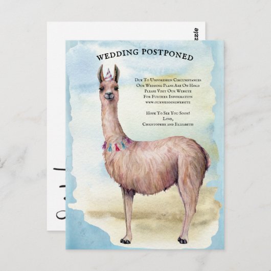 Carte Postale Funny Llama Blue Mariage reportée Date de modifica (Devant / Derrière)
