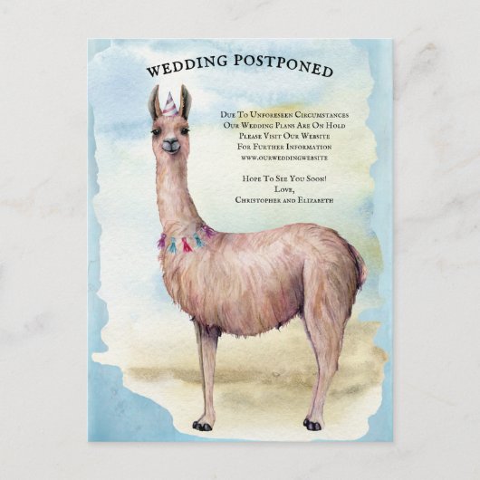 Carte Postale Funny Llama Blue Mariage reportée Date de modifica (Devant)