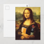 Carte Postale Funny Mona Lisa avec du vin et du livre (Devant / Derrière)