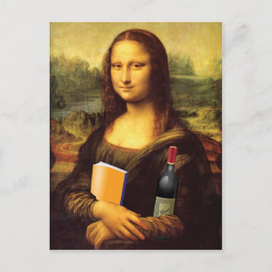 Carte Postale Funny Mona Lisa avec du vin et du livre