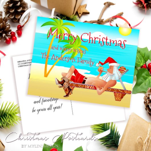 Carte Postale Funny Père Noël Beach voeux de Noël
