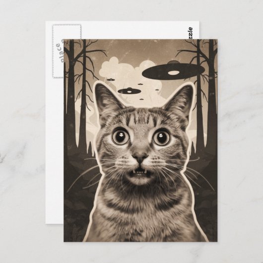 Carte Postale Funny Sepia Kitty et OVNI (Devant / Derrière)