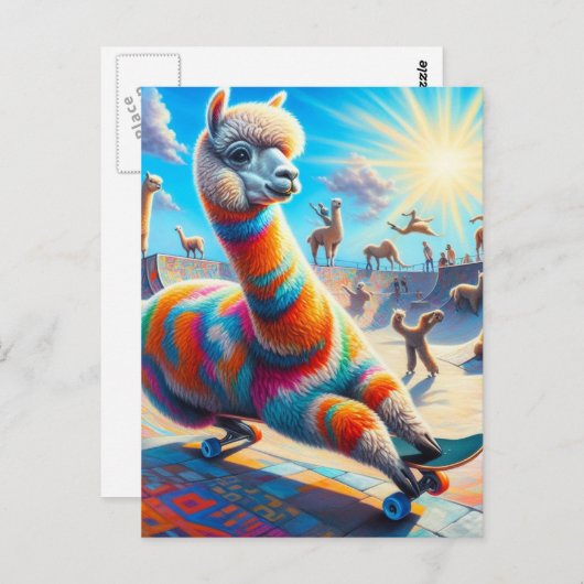 Carte Postale Funny Skateboard Alpaca (Devant / Derrière)