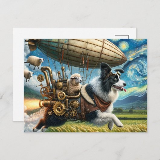 Carte Postale Funny Steampunk Bordure Collie avec mouton et limb (Devant / Derrière)