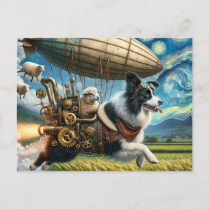 Carte Postale Funny Steampunk Bordure Collie avec mouton et limb