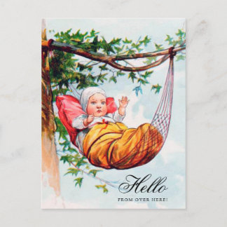 Carte Postale Funny Vintage Baby Waving Hi in Hammock Art