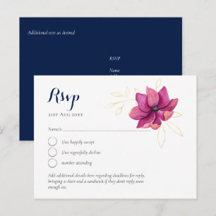 Carte Postale Fuschia Pink Gold Navy Blue Wedding RSVP