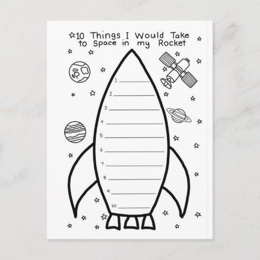 Carte Postale Fusée "10 choses que j'emporterais dans l'espace" (Devant)
