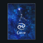 Carte Postale Galaxie bleue de constellation de zodiaque de<br><div class="desc">Conception céleste de galaxie bleue de constellation de zodiaque de Cancer. Avec la police balayée à la mode de manuscrit, la texture céleste bleu-foncé d'arrière - plan d'aquarelle, la constellation rougeoyante d'étoile, et le symbole de crabe. L'horoscope astrologique moderne de naissance de signe, est parfait pour n'importe quel anniversaire de...</div>