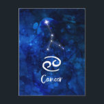 Carte Postale Galaxie bleue de constellation de zodiaque de<br><div class="desc">Conception céleste de galaxie bleue de constellation de zodiaque de Cancer. Avec la police balayée à la mode de manuscrit, la texture céleste bleu-foncé d'arrière - plan d'aquarelle, la constellation rougeoyante d'étoile, et le symbole de crabe. L'horoscope astrologique moderne de naissance de signe, est parfait pour n'importe quel anniversaire de...</div>