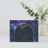Carte Postale Galaxy Starry Nuit Violet Bleu Or Mariage RSVP (Debout devant)