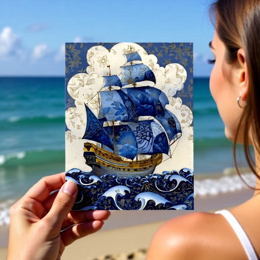 Carte Postale Galion bleu de Delft doré