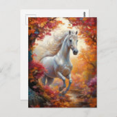 Carte Postale Galloping de Cheval Blanc Sauvage à l'automne (Devant / Derrière)