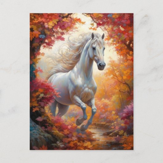 Carte Postale Galloping de Cheval Blanc Sauvage à l'automne (Devant)