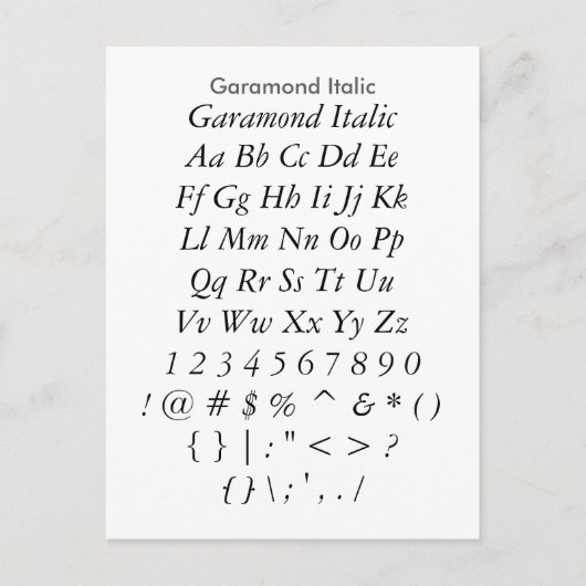Carte Postale Garamond Italic - Feuille d'échantillonnage de pol (Devant)