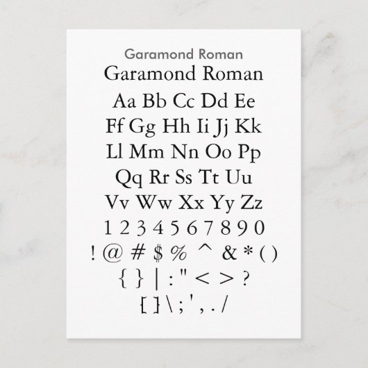 Carte Postale Garamond Roman - Feuille d'échantillonnage de poli (Devant)
