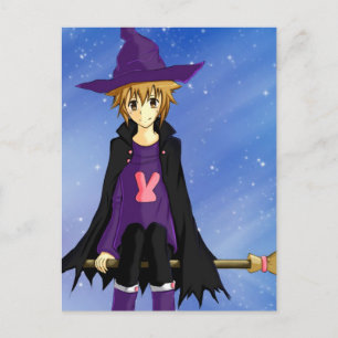 Carte Postale Garçon anime manga avec un chapeau violet et une c