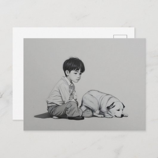 Carte Postale Garçon avec art chien (Devant / Derrière)