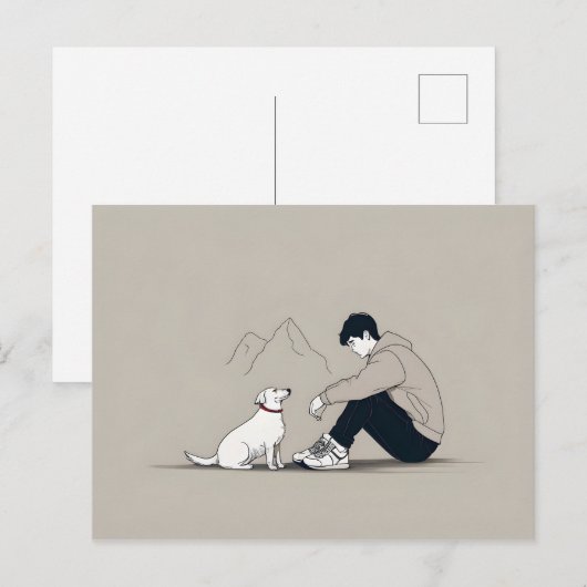 Carte Postale Garçon avec art chien (Devant / Derrière)