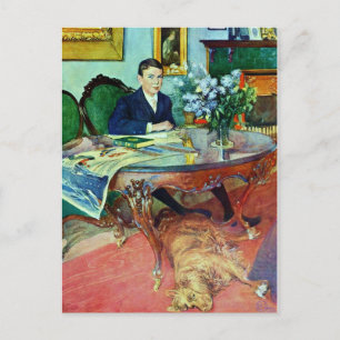 Carte Postale Garçon avec chien sous table