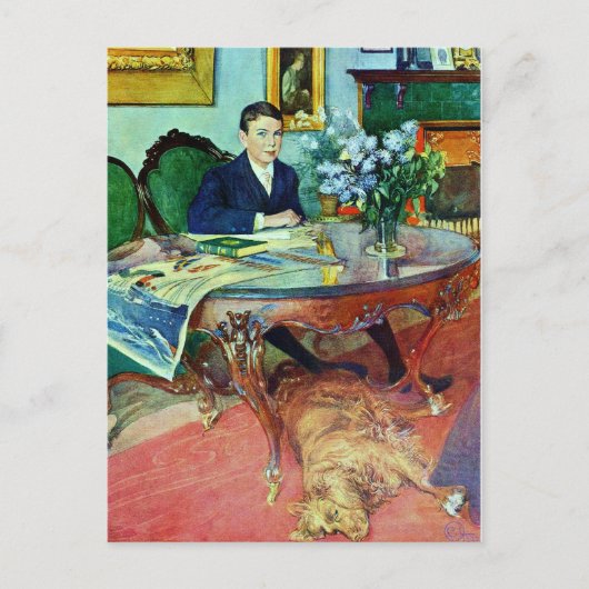 Carte Postale Garçon avec chien sous table (Devant)