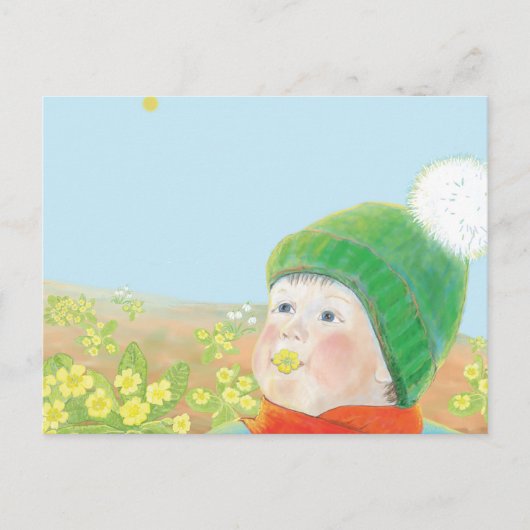 Carte Postale Garçon avec Primroses sauvages (Devant)