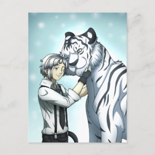 Carte Postale Garçon avec tigre blanc