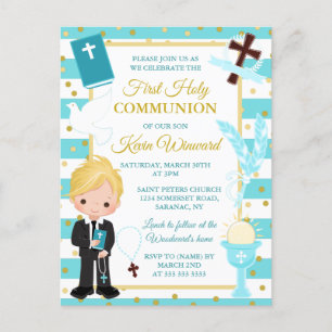 Carte Postale Garçon Blond Rayure Bleue Première Sainte Communio