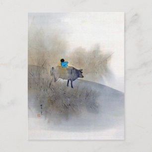 Carte Postale Garçon chevauchant une vache et soufflant une flot