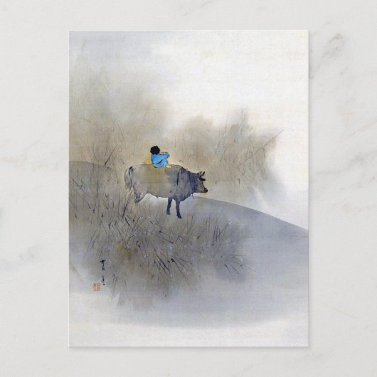 Carte Postale Garçon chevauchant une vache et soufflant une flot (Devant)