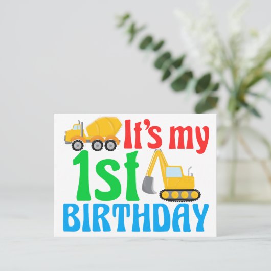 Carte Postale Garçon d'anniversaire 1 an Véhicule de constructio (Debout devant)