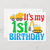 Carte Postale Garçon d'anniversaire 1 an Véhicule de constructio (Devant / Derrière)