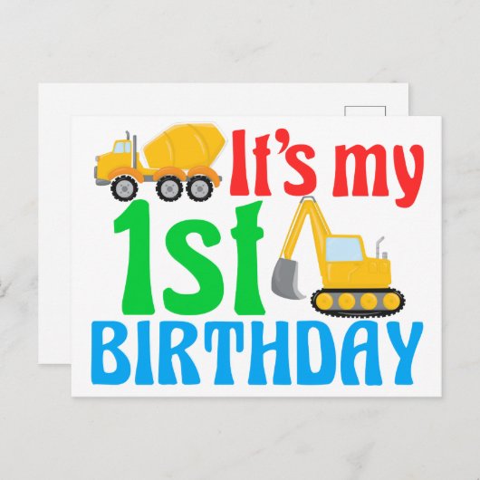 Carte Postale Garçon d'anniversaire 1 an Véhicule de constructio (Devant / Derrière)