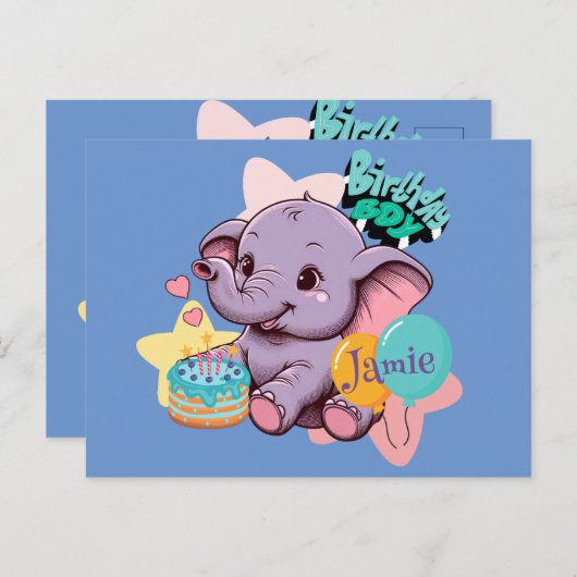 Carte Postale Garçon d'anniversaire éléphant bébé mignon (Devant / Derrière)