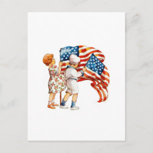 Carte Postale Garçon et fille agitant des drapeaux