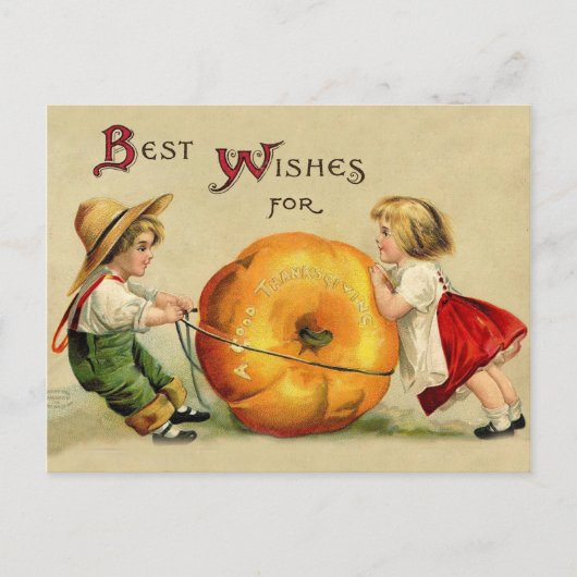 Carte Postale Garçon et fille avec une grosse citrouille de Than (Devant)