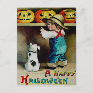 Carte Postale Garçon et son chien regardant des citrouilles de J