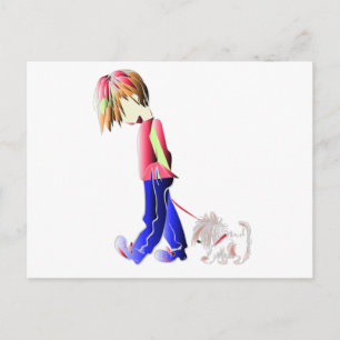 Carte Postale Garçon marchant art numérique chien mignon