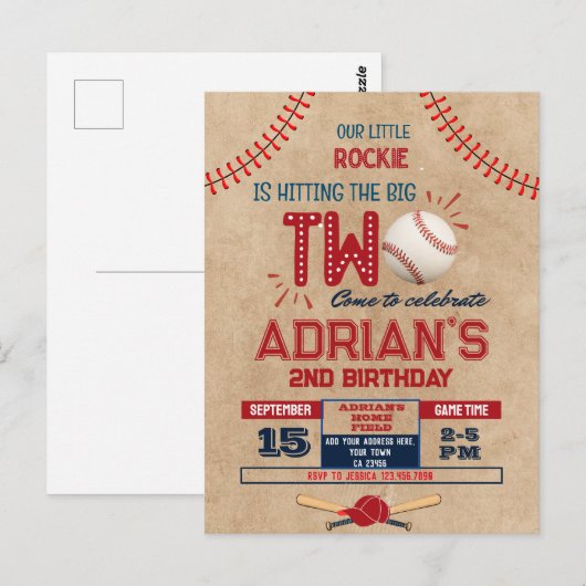 Carte Postale Garçon qui fête son 2ème anniversaire baseball (Devant / Derrière)