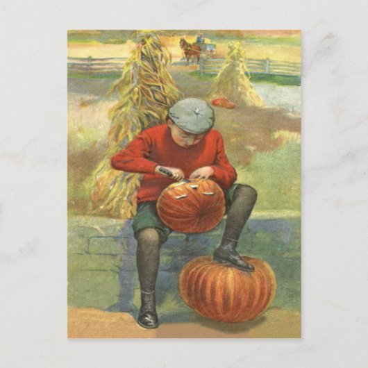 Carte Postale Garçon sculptant une citrouille de Jack O Lantern (Devant)