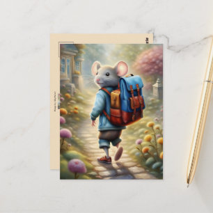 Carte Postale Garçon souris mignon sur le chemin de l'école, per