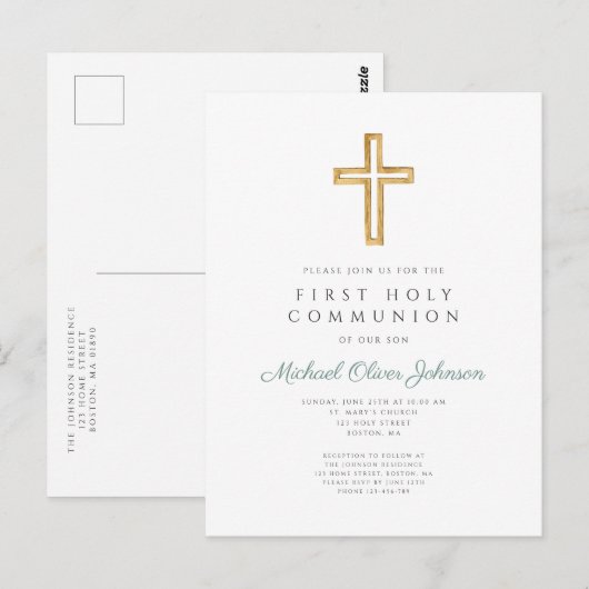 Carte Postale Garçon vert de première communion religieuse (Devant / Derrière)
