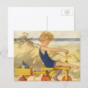 Carte Postale Garçon vintage jouant à la plage avec des jouets d
