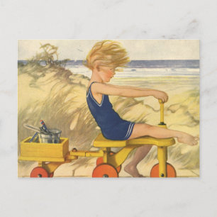 Carte Postale Garçon vintage Jouer à la plage avec des jouets de