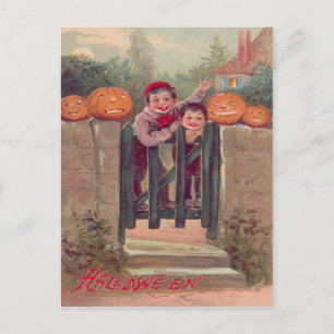 Carte Postale Garçons Citrouille Jack O Lantern Clôture